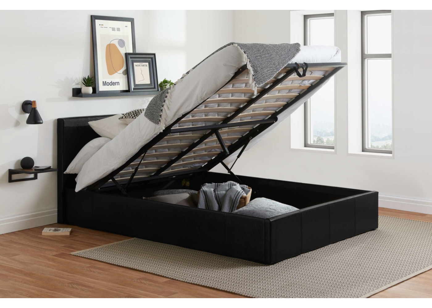 Berlin Ottoman Bed Frame (Black Leather) 