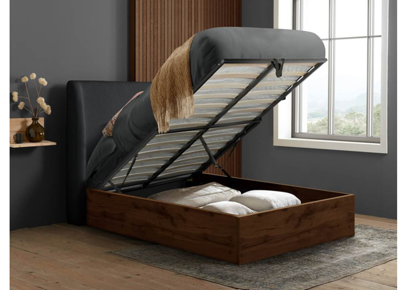 Halfden Ottoman Bed (Dark Wood & Grey)