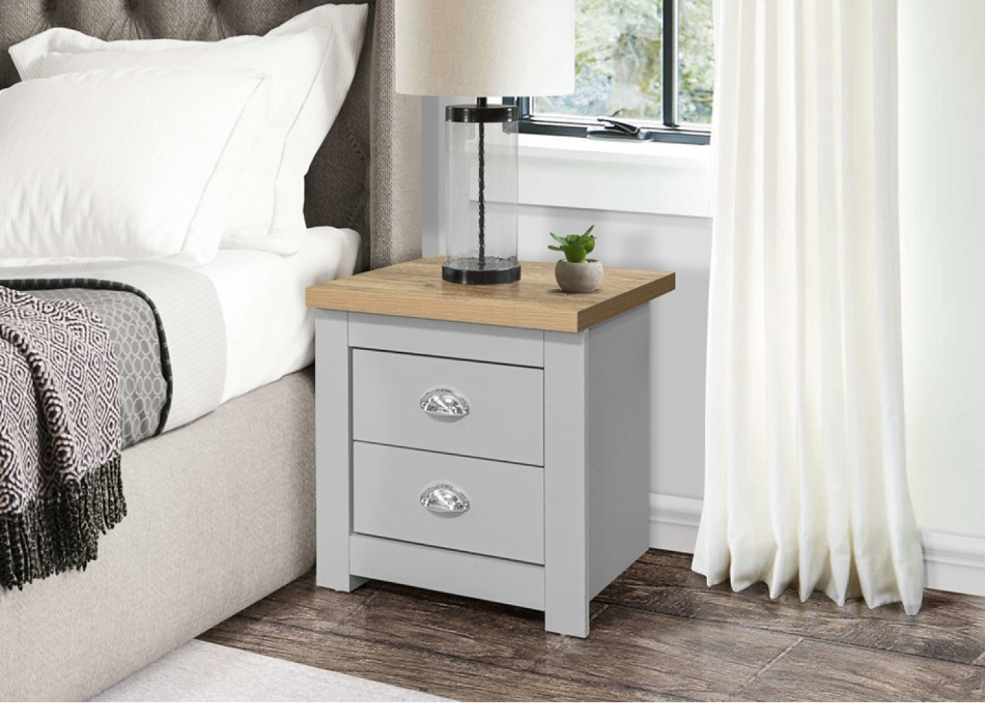 Highgate 2 Drawer Bedside (Grey & Oak)