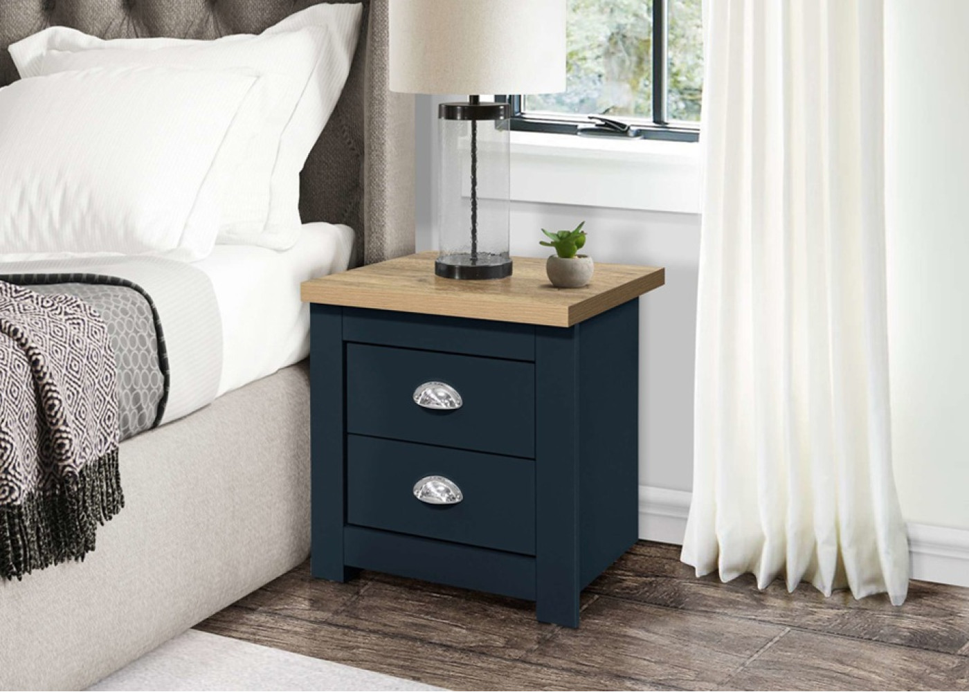 Highgate 2 Drawer Bedside (Navy & Oak)