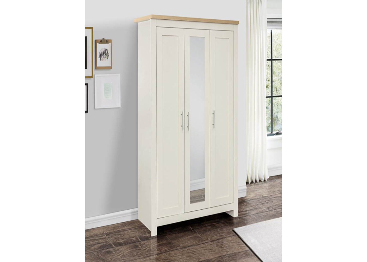 Highgate 3 Door Mirror Wardrobe (Cream & Oak)