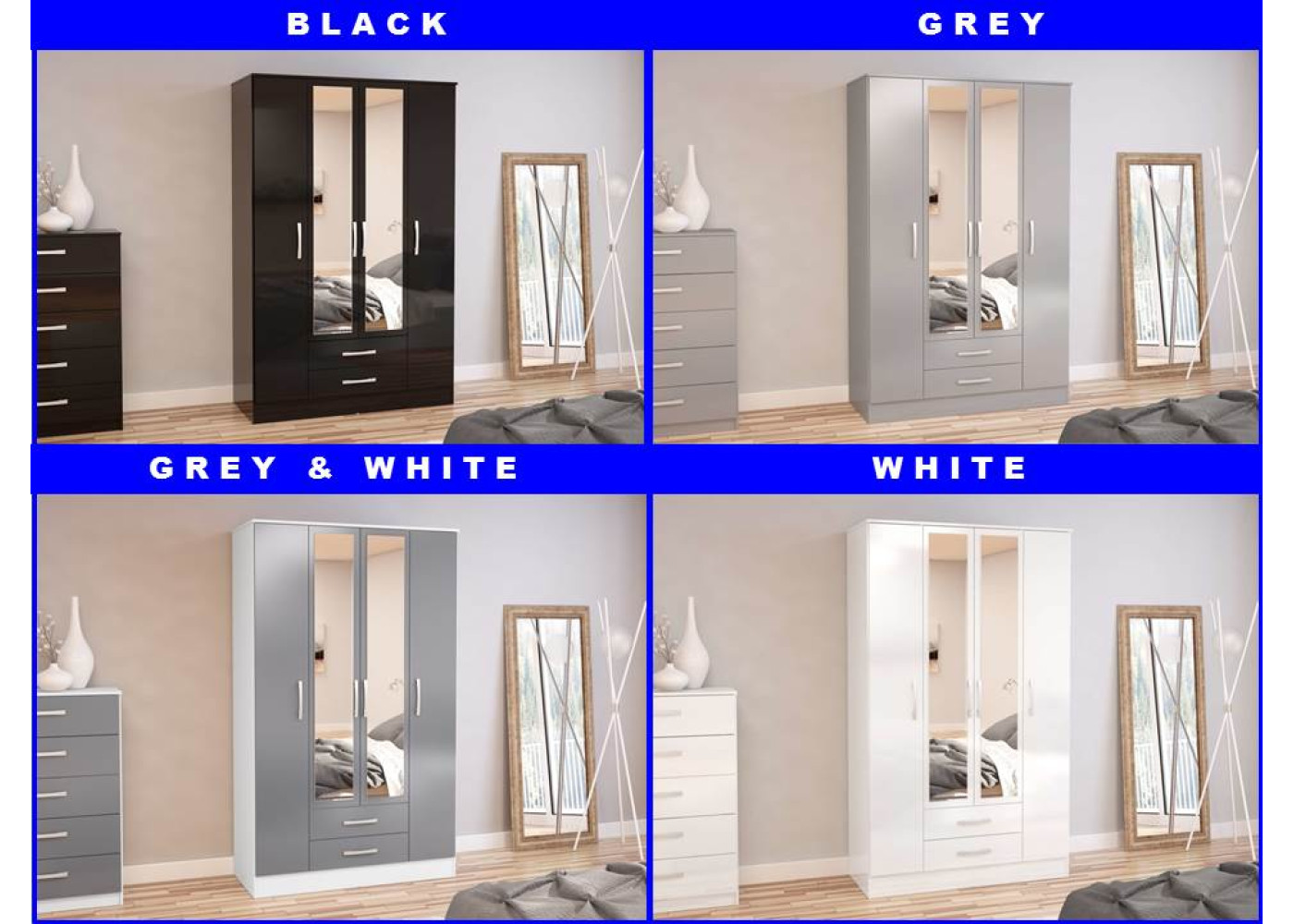 Lynx 4 Door Combi Wardrobe with Mirror (4 Colours)